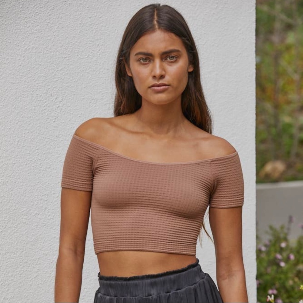 Off the shoulder waffle texture short sleeve crop top tee soft and stretchy